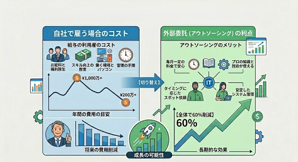 高額な社内IT人材の採用コストと、月額3万円から頼めるキングテックの圧倒的な費用対効果を分かりやすく比較したインフォグラフィック図解