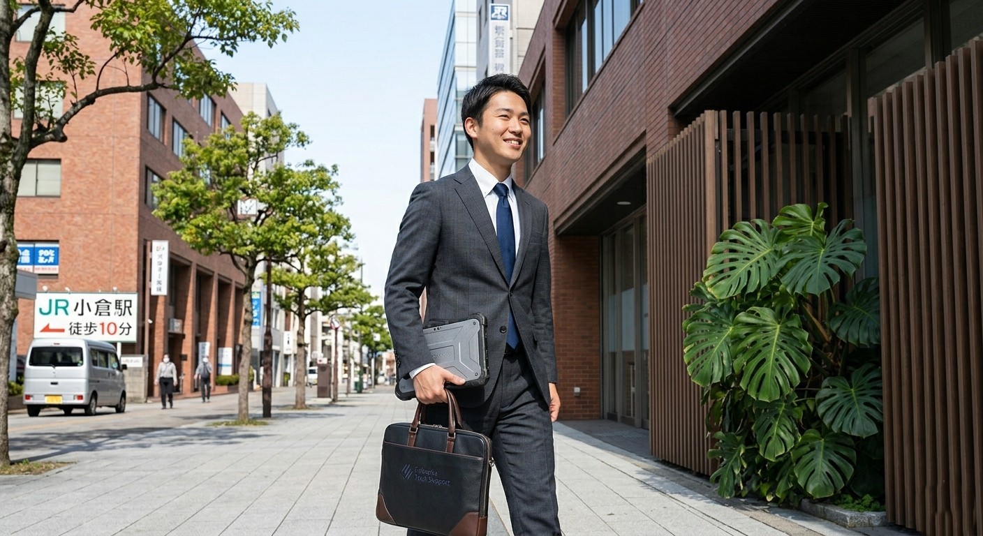 トラブル時に駆けつけるため、タブレットを手に福岡のビジネス街を迅速かつ爽やかに歩くキングテックの地域密着型IT技術員
