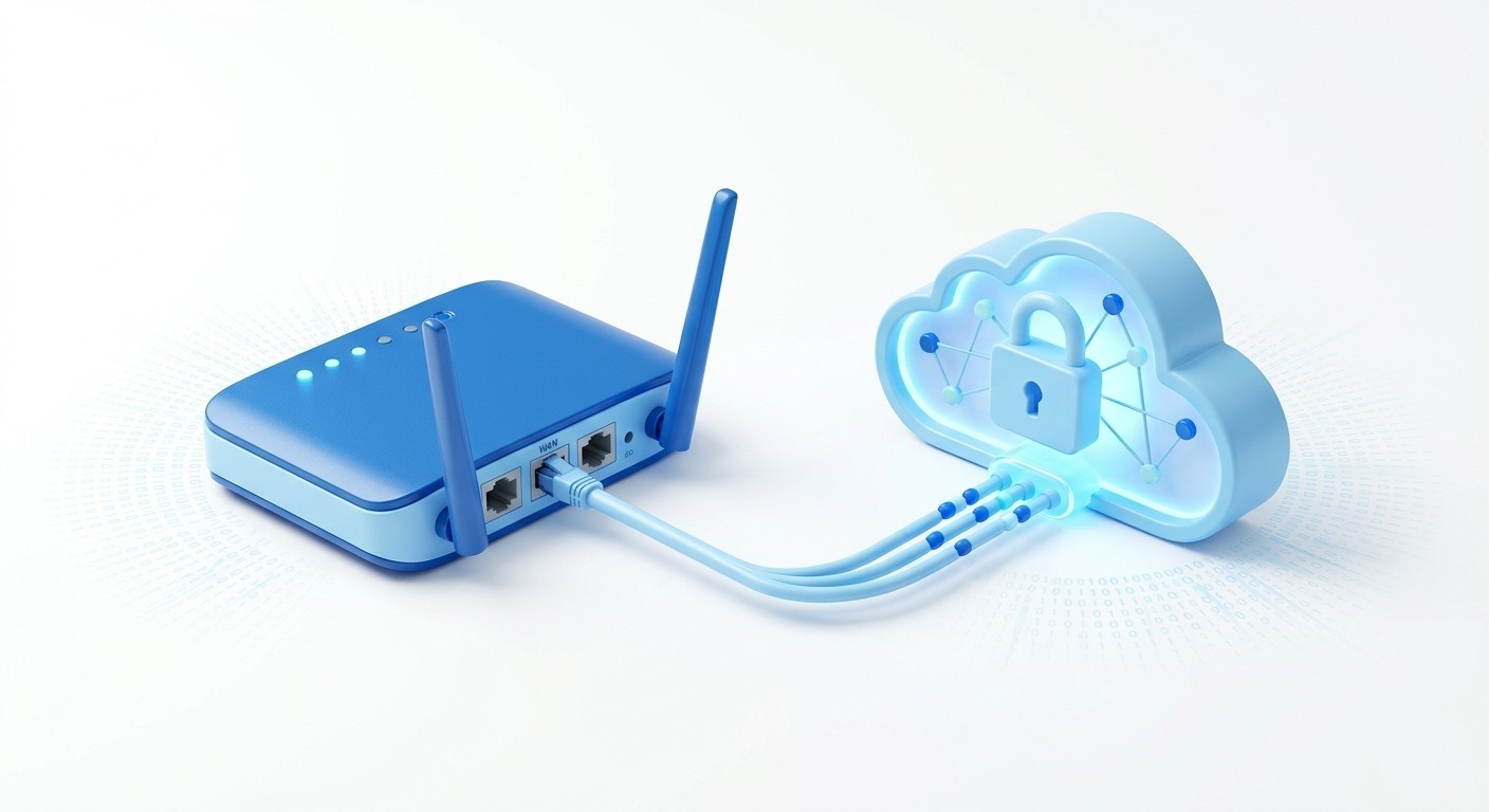 ネットワーク改善とクラウド化を象徴する、安全にデータが連携するクラウドとルーターの立体的な3Dアイコン