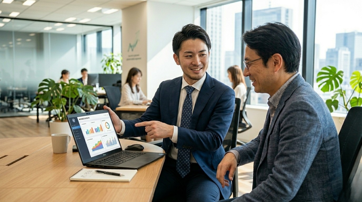 福岡の中小企業経営者に寄り添い、笑顔でパソコンの画面を見ながら親身に相談に乗るキングテックのITコンサルタント